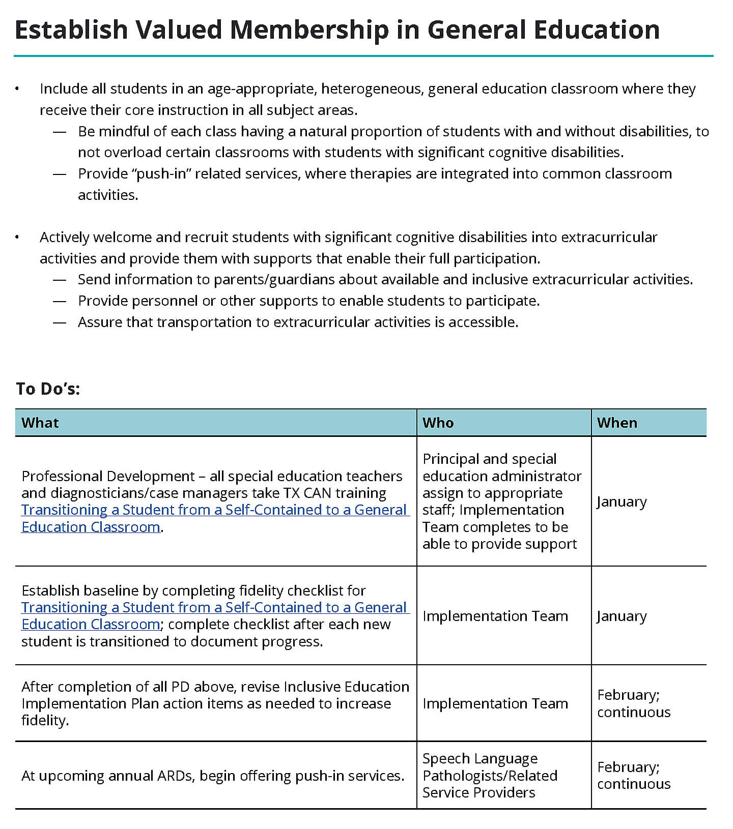 Screenshot of "Sample Phase One Inclusive Education Implementation Plan, Establish Valued Membership in General Education"